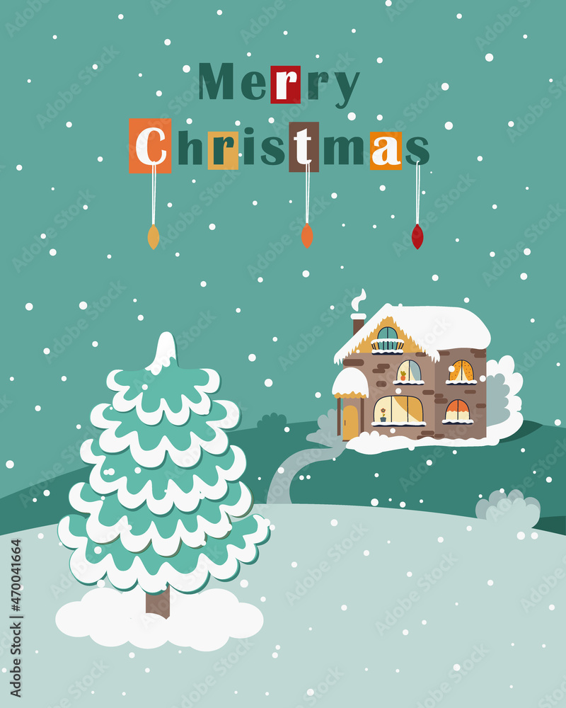 Christmas card with a Christmas tree in the snow, on the background of a village house. Template for postcard, banner or design. Flat illustration.