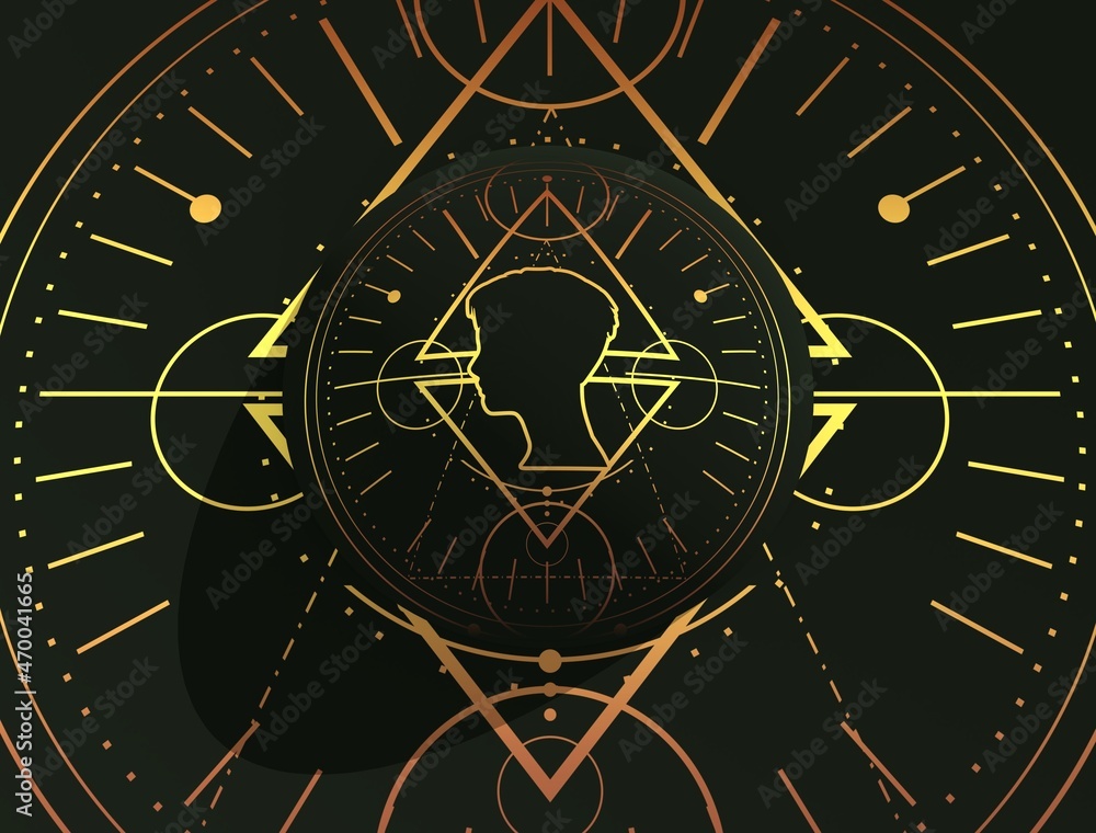 Mystical esoteric gothic geometry thin lines symbol with human head silhouette. Mystical esoteric gothic geometry thin lines symbol with human head silhouette.