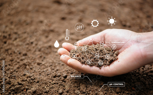 Top view of soil in hands for check the quality of the soil for control soil quality before seed plant. Future agriculture concept. Smart farming, using modern technologies in agriculture.