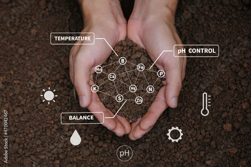 Top view of soil in hands for check the quality of the soil for control soil quality before seed plant. Future agriculture concept. Smart farming, using modern technologies in agriculture. photo