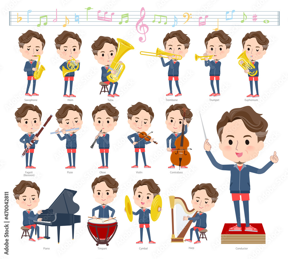クラシック音楽演奏に関するスポーツウエアを着た中年男性のセット クラシック音楽演奏に関するスポーツウエアを着た中年男性のセット