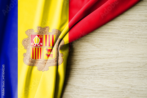 Andorra flag. Fabric pattern flag of Andorra. 3d illustration. with back space for text.