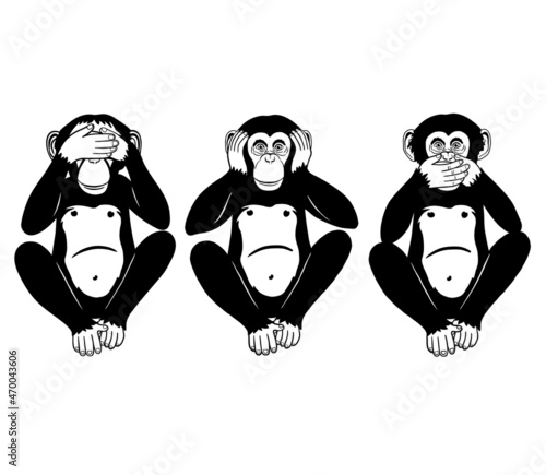 Three Wise Monkeys, Three Mystic Apes chimp sitting isolated on white background. See hear say concept. Vector monochrome totem illustration