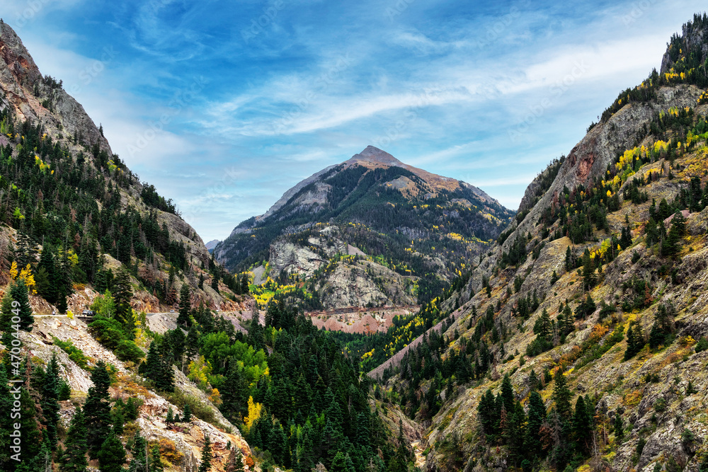 Abrams Mountain and San Juan Mountains as seen from an overlook on Million Dollar Highway near of Ouray, Colorado, USA
