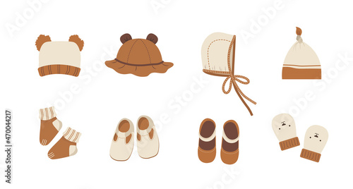 Baby clothes collection. Boho outfit. Cute little boy or girl wardrobe. Vector illustration in flat cartoon style. Accessories for newborn.