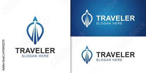 traveler agency logo with pin map location transport, airplane launch logo template