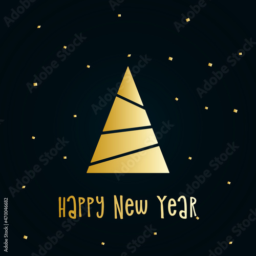 Golden silhouette of a Christmas tree with snow. Merry Christmas and Happy New Year 2022. Vector illustration.