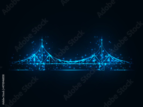 Tver is the city of Russia. The old bridge is the main symbol of the city. Vector illustration. A glowing magic blue bridge.