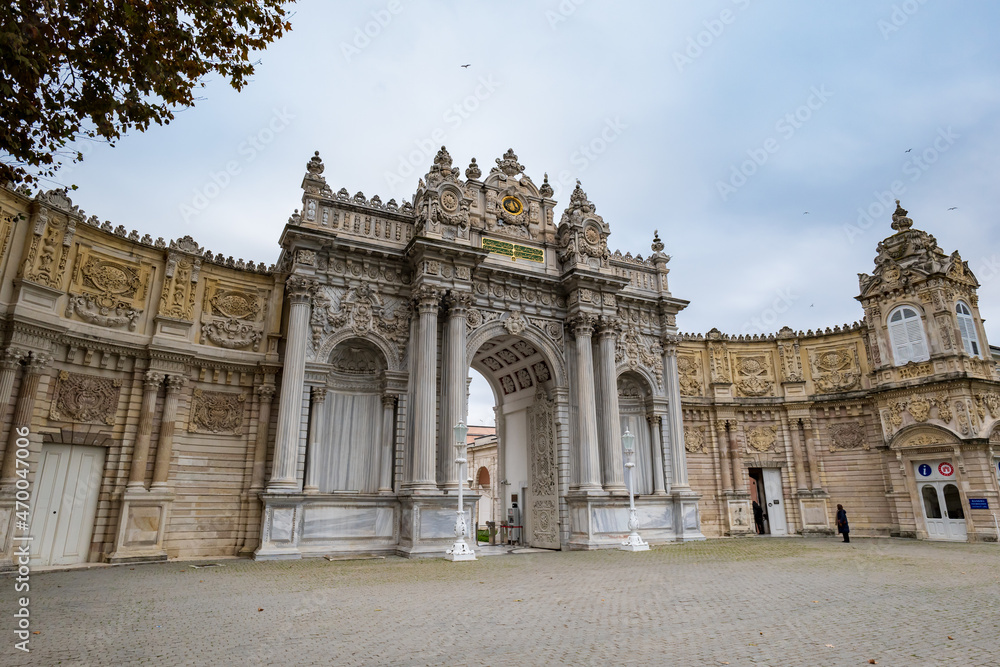 Dolmabache palace main entrance gate in Istanbul, Turkey.  Dolmabache served as the main administrative center of the Ottoman Empire and is popular for tourists and visitors.