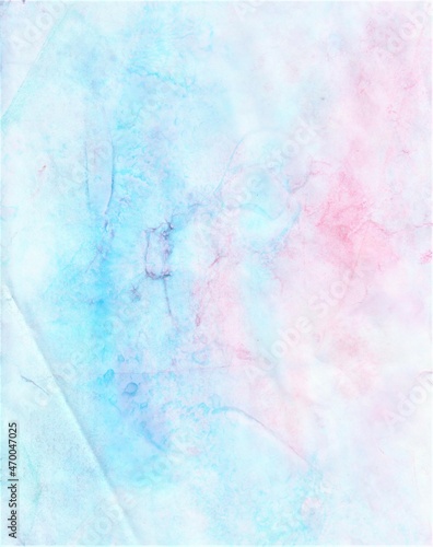 Pink-green watercolor background. Transparent lines and spots on a white paper background. Paint leaks and ombre effects. Abstract hand-painted image