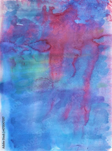 Pink and blue watercolor background. Transparent lines and spots on a white paper background. Paint leaks and ombre effects. Abstract hand-painted image
