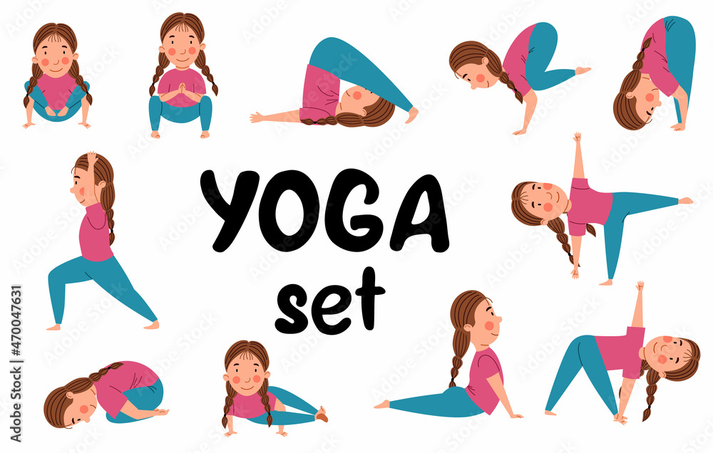 A set with yoga poses. A European child is engaged in sports. Vector illustration in a flat style on a white background. A set with yoga poses. A European child is engaged in sports. Vector illustration in a flat style on a white background.