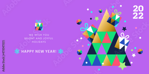Happy New Year 2022 banner, greeting card, poster, holiday cover. Modern Xmas design in geometric style with triangle pattern, Christmas tree, gifts, snowflakes and confetti on violet background