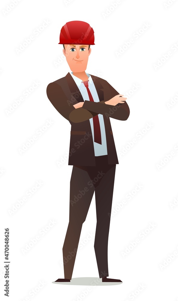 Man engineer in suit and protective helmet. Office guy at construction site. Cheerful person. Standing pose. Single Character cartoon comic style. Illustration isolated on white background. Vector Man engineer in suit and protective helmet. Office guy at construction site. Cheerful person. Standing pose. Single Character cartoon comic style. Illustration isolated on white background. Vector