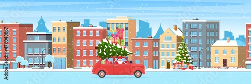 Christmas card design of car with tree on the top