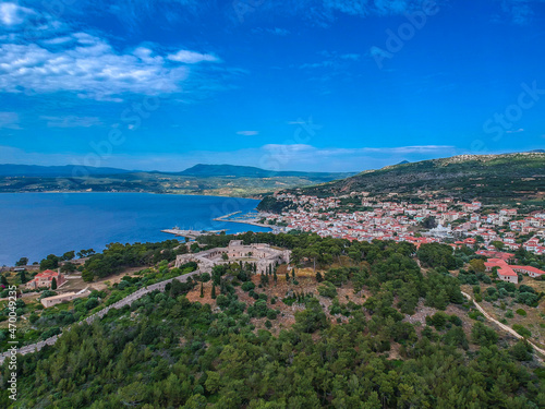 Aerial view of the beautiful seaside city of Pylos located in western Messenia in Peloponnese, Greece © panosk18