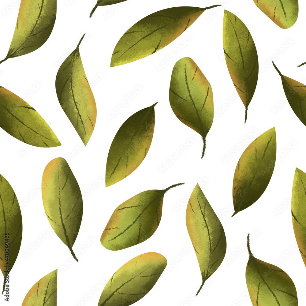 Green blueberry leaves on a white background. Seamless floral pattern