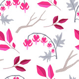 Dicentra flower and red leaves on a white background. Summer and autumn plants, seamless pattern
