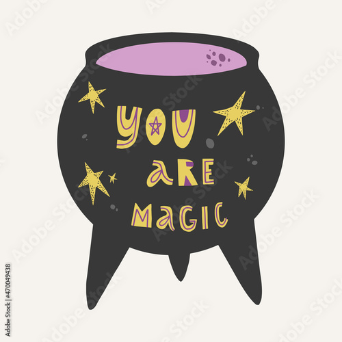 Cute hand drawn magic cauldron illustration. on white background