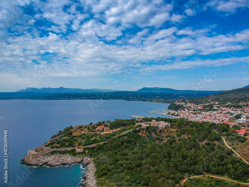 Aerial view of the beautiful seaside city of Pylos located in western Messenia in Peloponnese, Greece