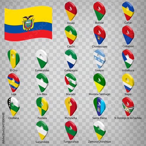 Twenty four flags the Provinces of Ecuador  -  alphabetical order with name.  Set of 3d geolocation signs like flags Provinces of Ecuador. Twenty four  one 3d geolocation signs for your design. EPS10