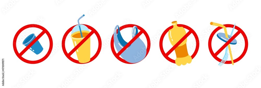 Colorful signs prohibiting ejection of plastic waste. Set of ban icon with items garbage. Simple symbol for no plastic. Stop throw household plastic and packaging trash. Vector isolated illustration Colorful signs prohibiting ejection of plastic waste. Set of ban icon with items garbage. Simple symbol for no plastic. Stop throw household plastic and packaging trash. Vector isolated illustration