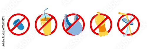Colorful signs prohibiting ejection of plastic waste. Set of ban icon with items garbage. Simple symbol for no plastic. Stop throw household plastic and packaging trash. Vector isolated illustration