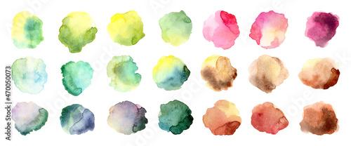 Big watercolor set of abstract spots. Seasonal colored circles for wedding card. Green, blue, pink and brown shades with texture paper. Warm and cold palette. Template for decor. Isolated illustration