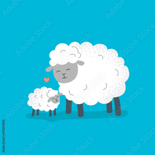 A sheep mom and a lamb stand together. Funny little sheep. Vector flat illustration.