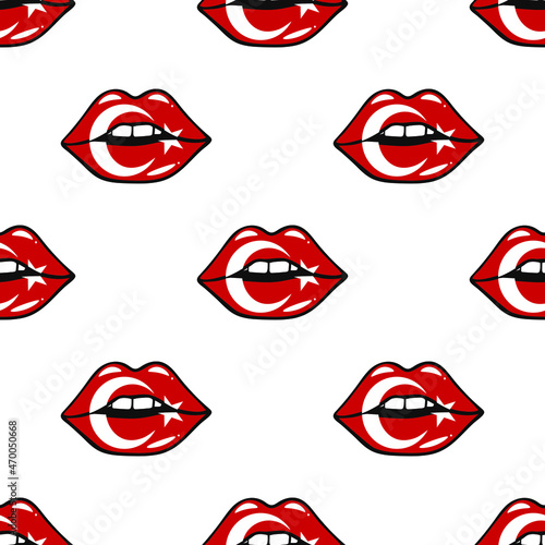 The flag of Turkey on the lips pattern. Vector illustration national flag to Independence Day on the lips of Turkey. 