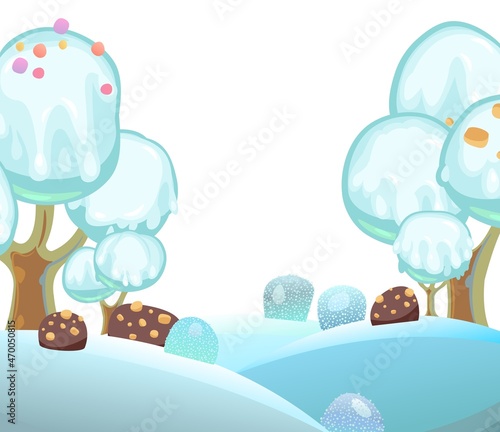 Landscape with ice cream on chocolate sticks. Childrens picture background. Cartoon style. Snow drifts. Cold winter dream land. Sweets and drips. Isolated Vector