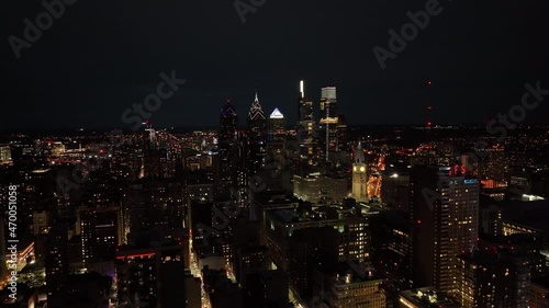 Aerial Drone Flight Through Center City Philadelphia at Night photo