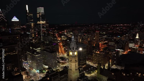 Aerial Drone Flight Through Center City Philadelphia at Night