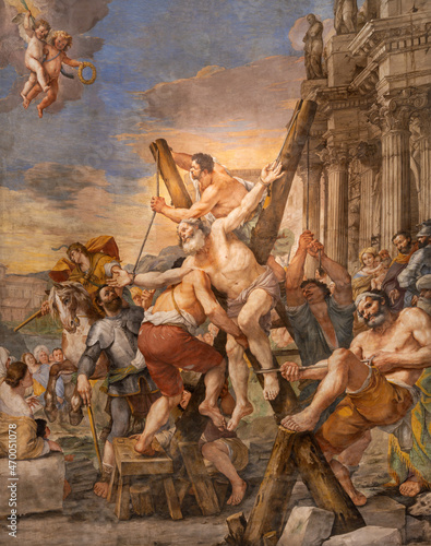 ROME, ITALY - AUGUST 27, 2021: The Crucifixion of st. Andrew the apostle in church Basilica di Sant Andrea della Valle by Mattia Preti (1613 - 1699)