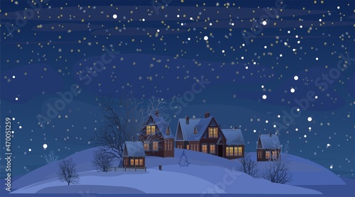 Village. Rural houses in winter. Christmasc night. Quiet frosty evening. Gable roof is covered with snow. Nice and cozy countryside landscape. Flat cartoon style. Vector art
