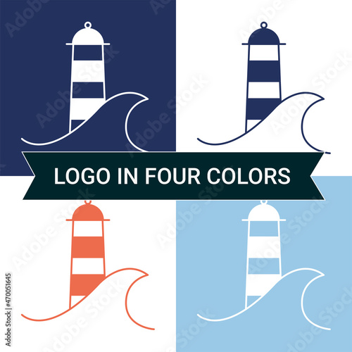 the logo of the seafood restaurant in four colors, depicts a wave and a lighthouse with a food theme