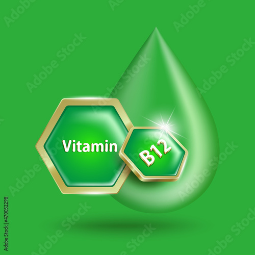 A gold-green hexagonal vitamin B12 logo badge floats in front of a water droplet. For designing advertisements related to nutrition and dietary supplements,vector 3d isolated on green background