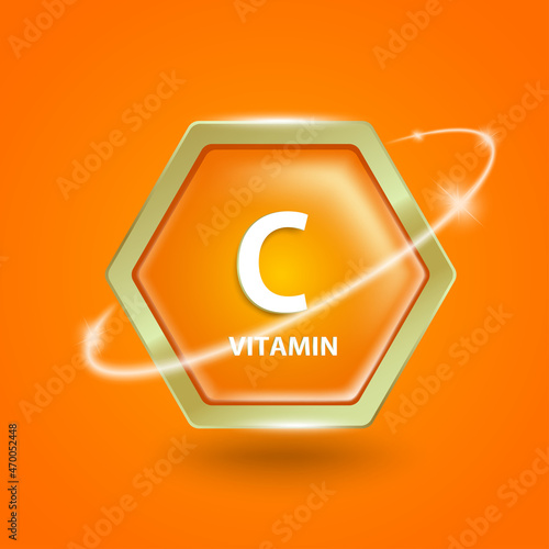 vitamin c hexagon logo label with light revolving around for designing food advertisements for nutritional purposes,vector 3d on orange background