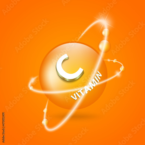 Orange round spheres of vitamin C with revolving lights for nutrition and supplement advertisements,vector 3d on orange background for design