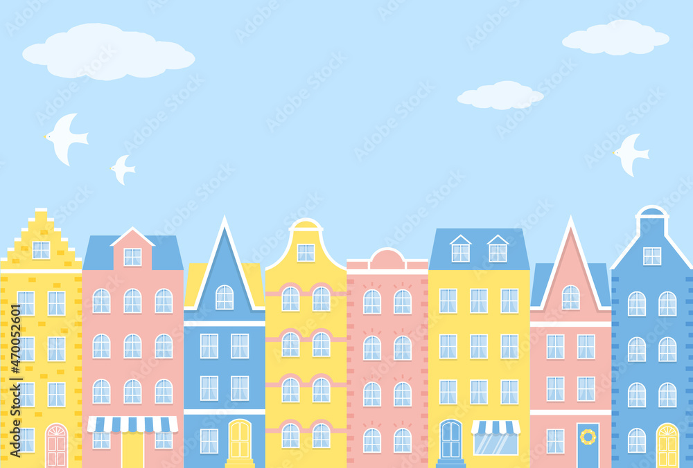vector background with city landscape with colorful houses for banners, cards, flyers, social media wallpapers, etc.