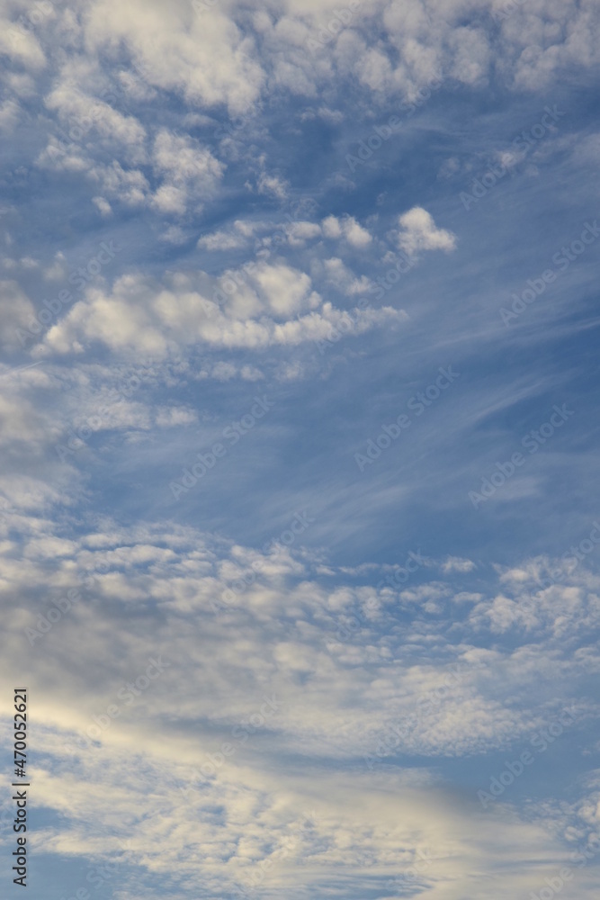 Weiße Schäfchenwolken am Abendhimmel, faszinierende Wolken vor blauen Himmel