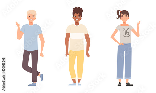 Teenager Boy and Girl Dressed in Casual Wear Standing Waving Hand Vector Set