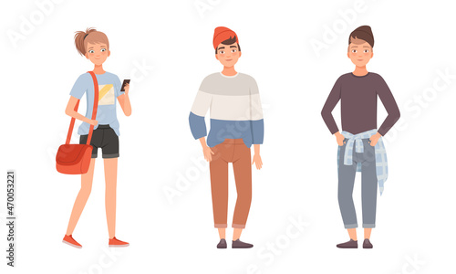 Teenager Boy and Girl Dressed in Casual Wear Standing Vector Set