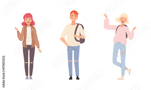 Teenager Boy and Girl Dressed in Casual Wear Standing with Backpack Waving Hand Vector Set © topvectors