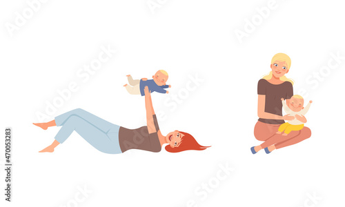 Young Loving Mother Spending Time with Her Little Baby Nursing Him Vector Set