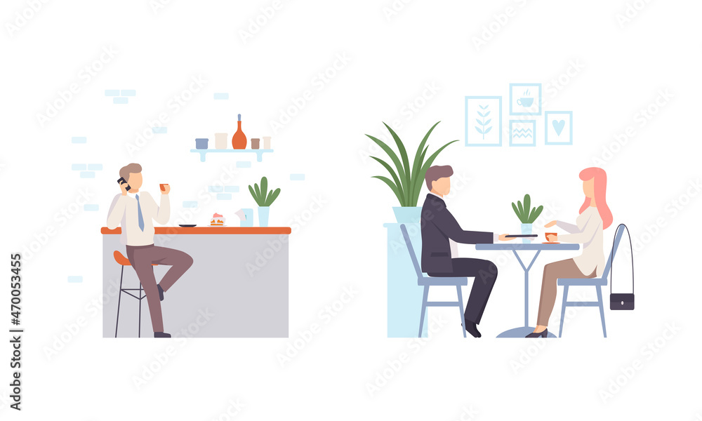 Man and Woman Character Eating Out Sitting at Cafe Table Having Dinner Vector Set