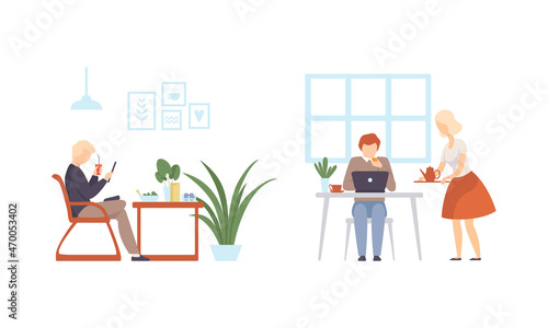 Man Character Eating Out Sitting at Cafe Table Having Dinner Vector Set