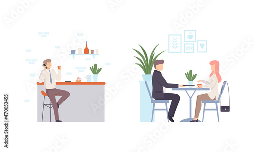 Man and Woman Character Eating Out Sitting at Cafe Table Having Dinner Vector Set