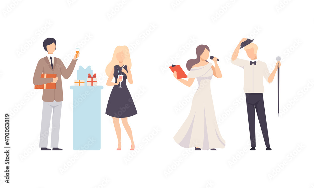 Naklejka premium Joyful People Character Drinking Cocktail and Performing Celebrating Feast Vector Illustration Set