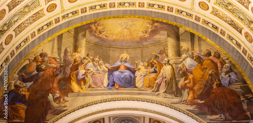 ROME, ITALY - AUGUST 28, 2021: The fresco of Pentecost in the church Chiesa di Santo Spirito dei Napoletani by Pietro Gagliardi from 19. cent.